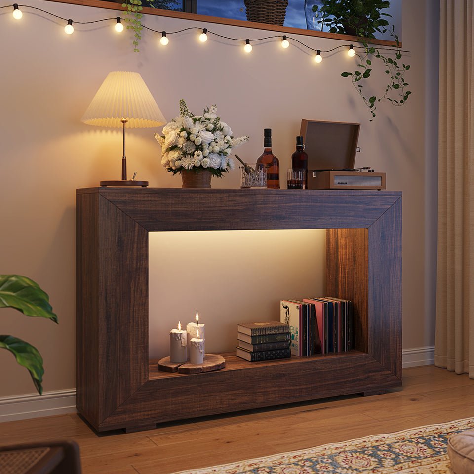 Wooden console table with decorative items in a living room setting