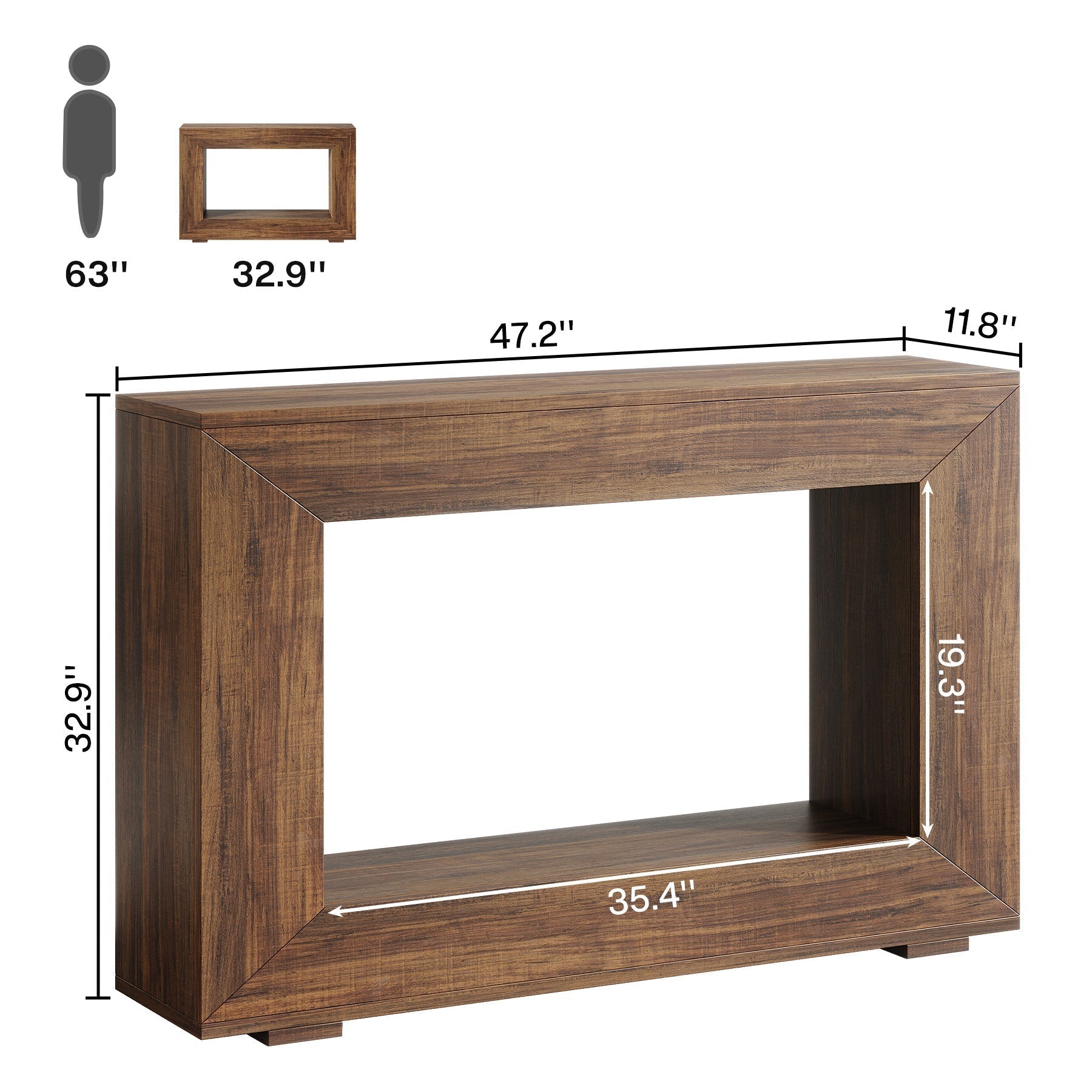 Wooden console table with dimensions labeled on a white background