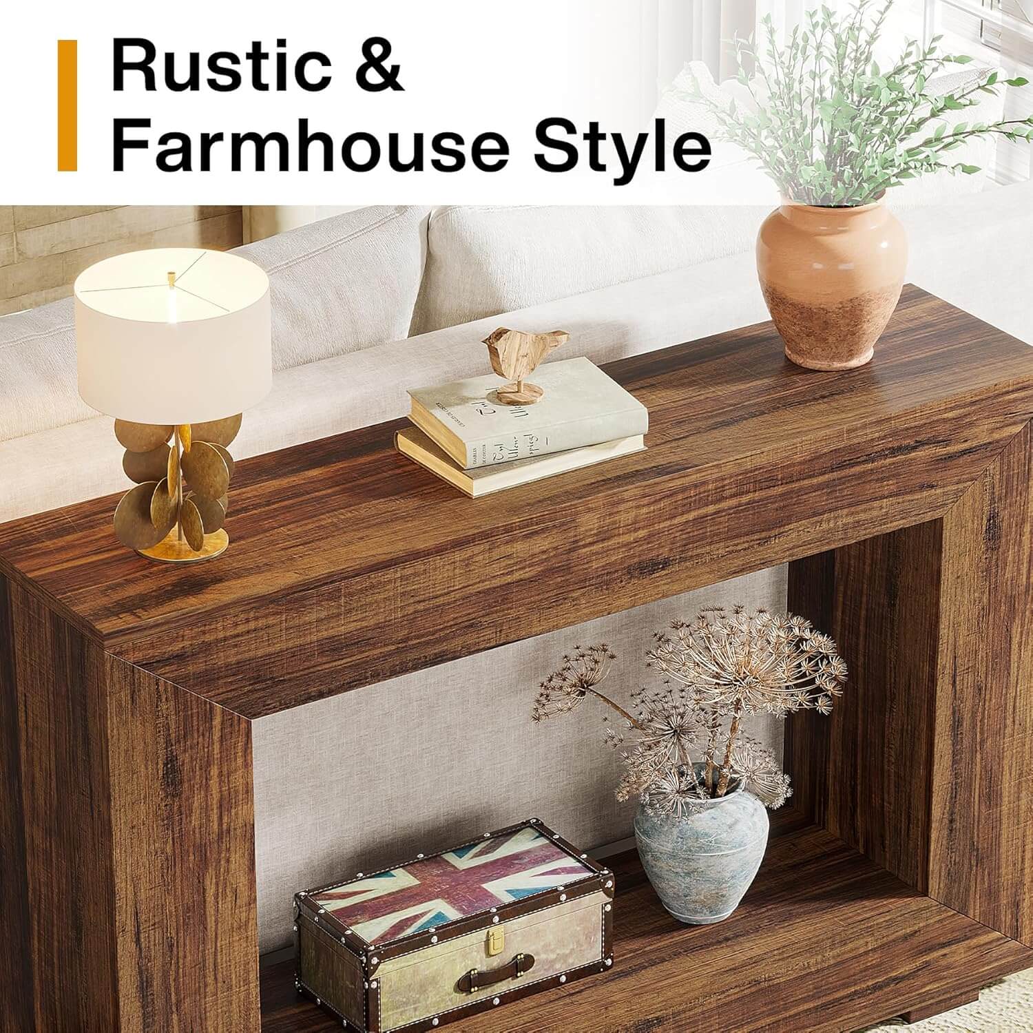 Wooden console table with decorative items in a room with 'Rustic & Farmhouse Style' text.