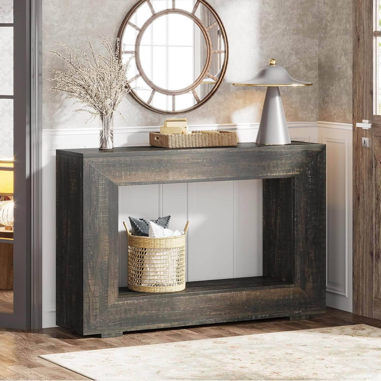 Console table with decorative items in a room setting